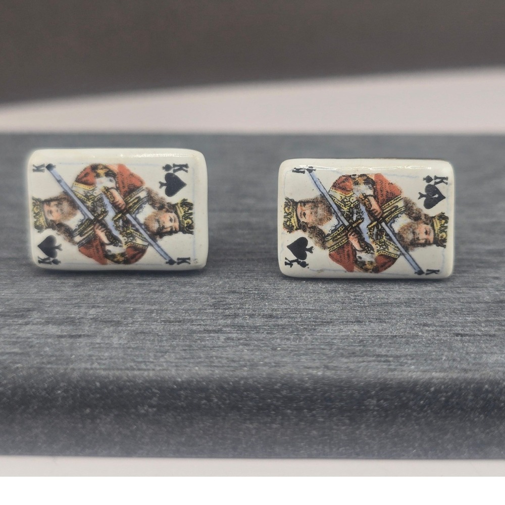 Vintage Estate Cufflinks Gold Tone King of Spades Playing Card Ceramic Novelty